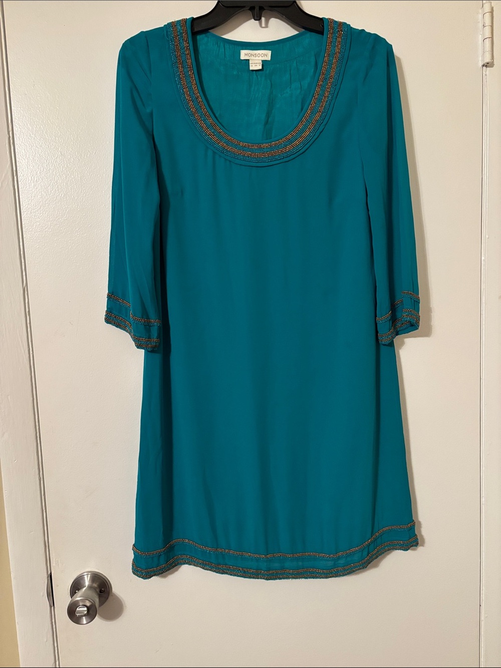 Monsoon Teal Beaded Scoop Neck Long Sleeve Dress